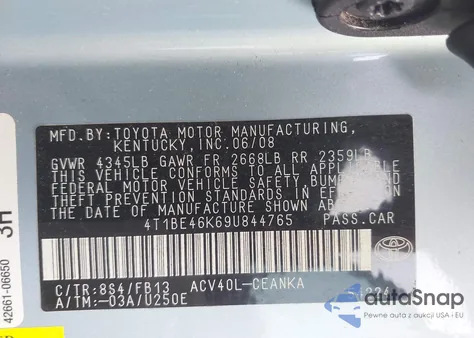 2009 Toyota Camry Le из США, поврежденный, VIN 4T1BE46K69U844765